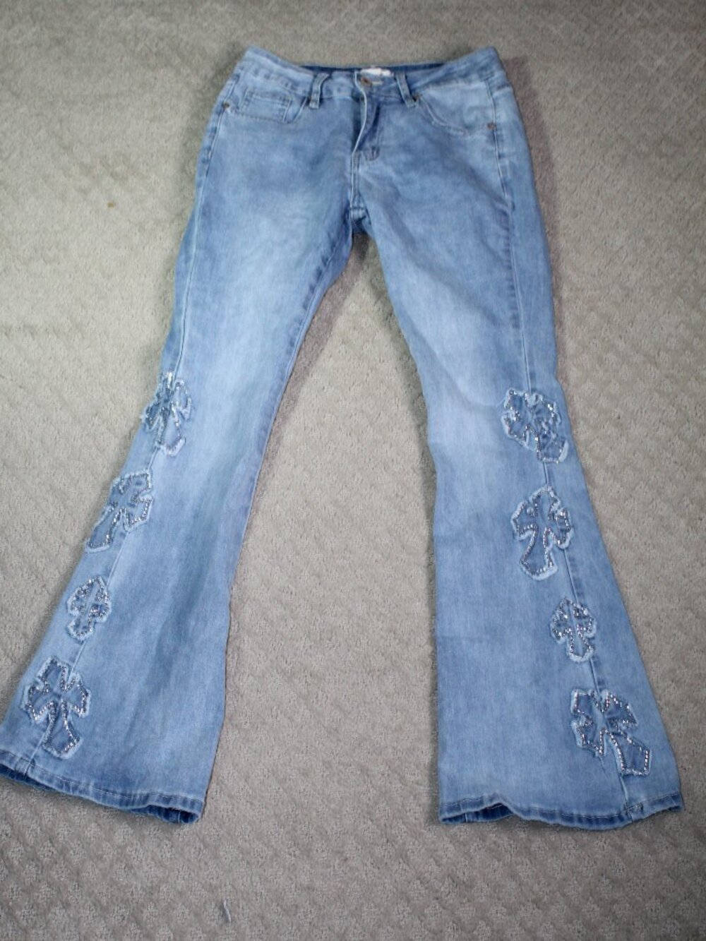 Bamboo Original Denim Size 7 Light Blue Slim Flare Leg Rhinestone Cross Accents